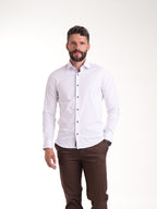 Camisa Masculina Manga Larga | Blanco con Cuello en Contraste Cuadros Azules