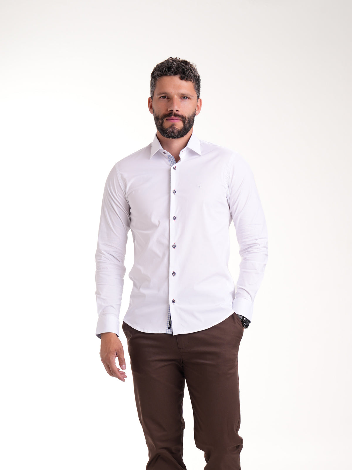 Camisa Masculina Manga Larga | Blanco con Cuello en Contraste Cuadros Azules