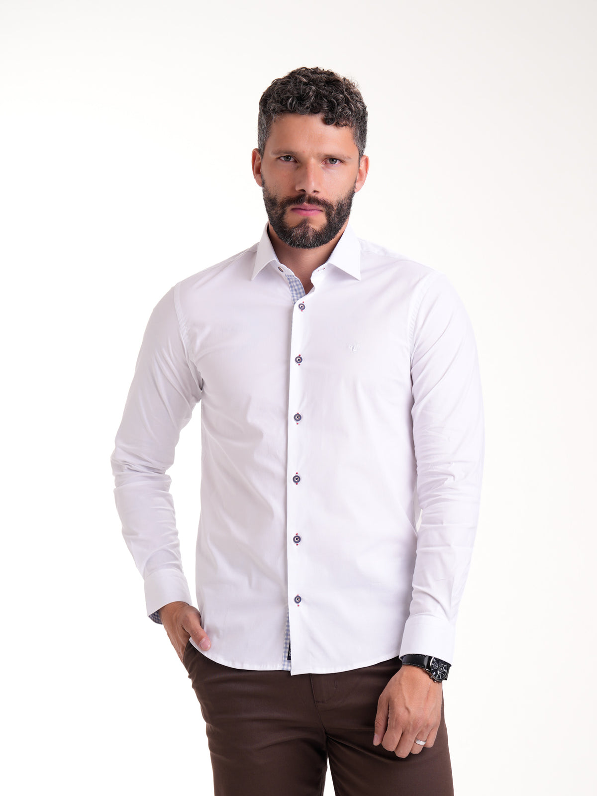 Camisa Masculina Manga Larga | Blanco con Cuello en Contraste Cuadros Azules