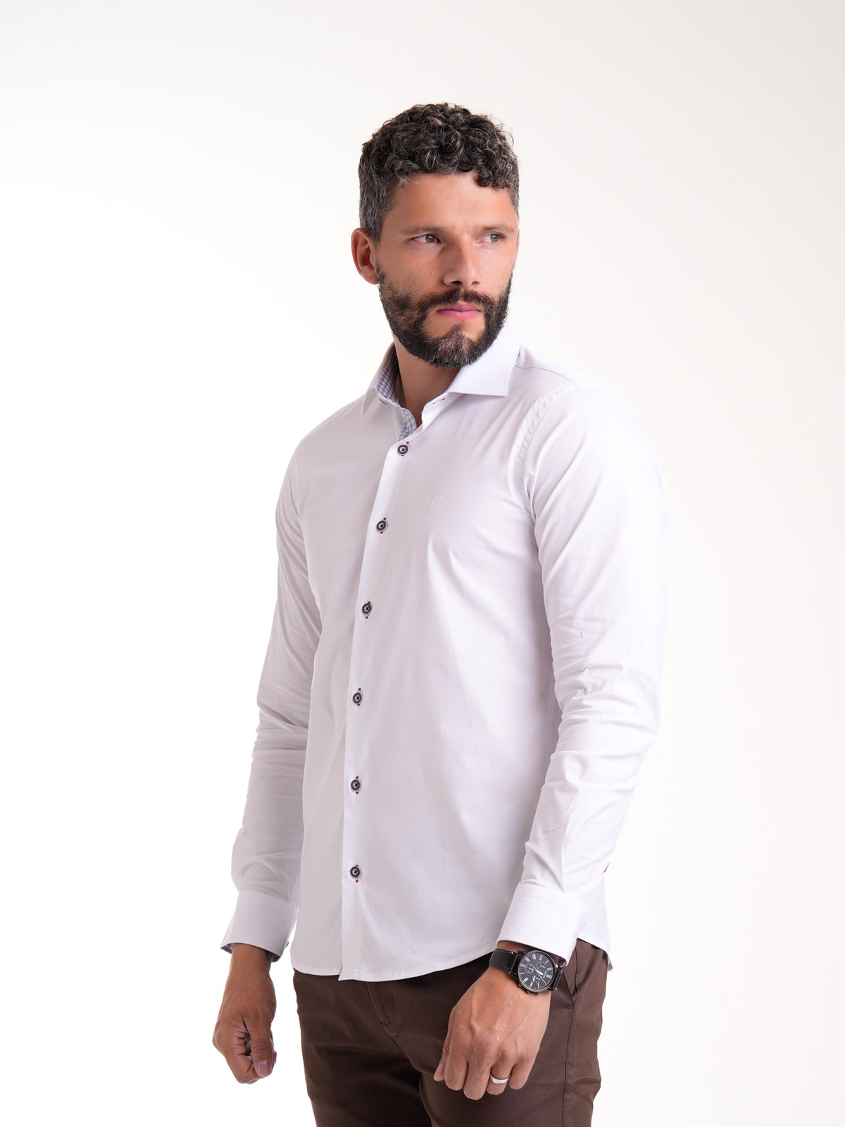 Camisa Masculina Manga Larga | Blanco con Cuello en Contraste Cuadros Azules