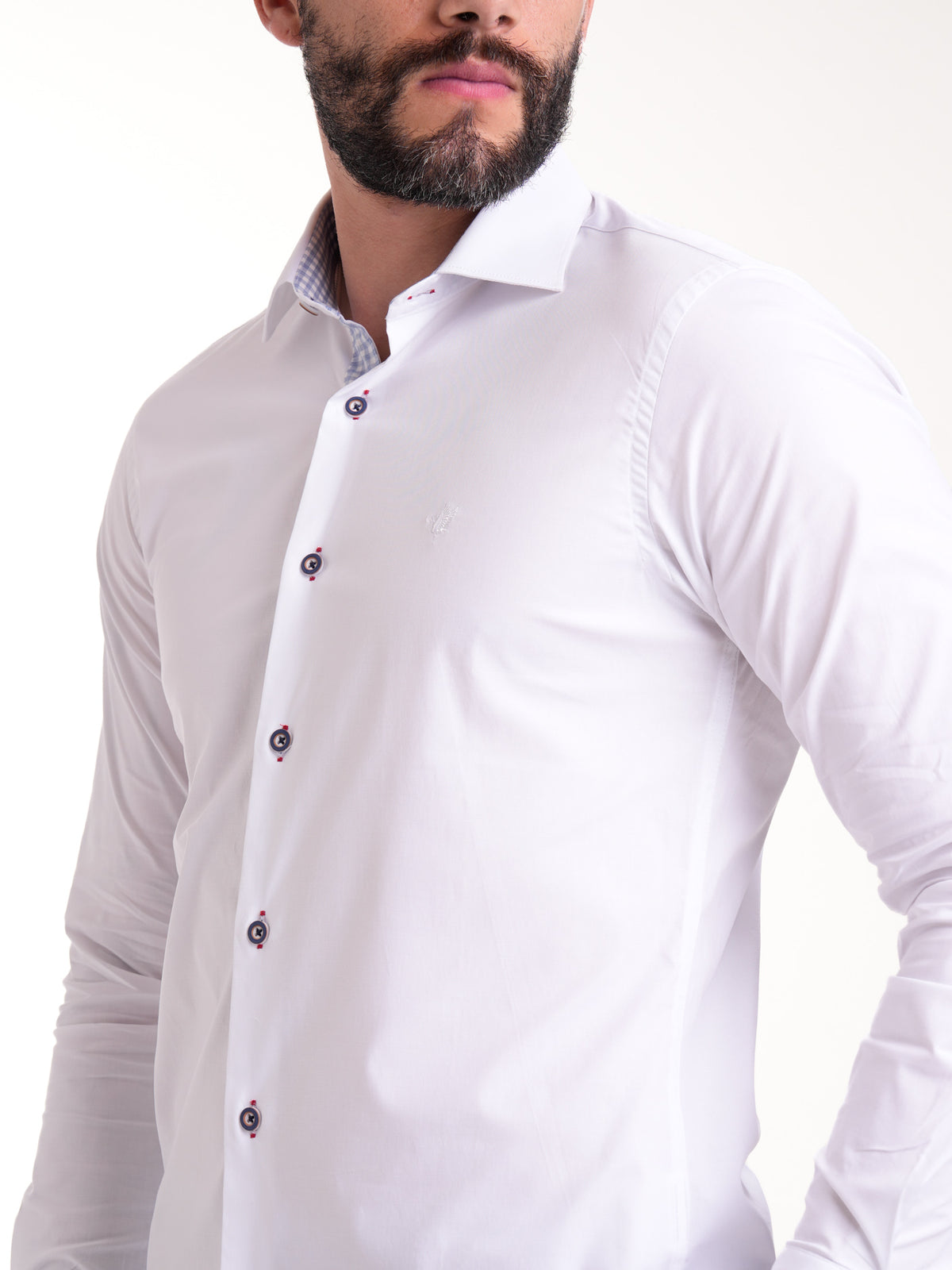 Camisa Masculina Manga Larga | Blanco con Cuello en Contraste Cuadros Azules