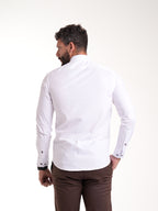 Camisa Masculina Manga Larga | Blanco con Cuello en Contraste Cuadros Azules
