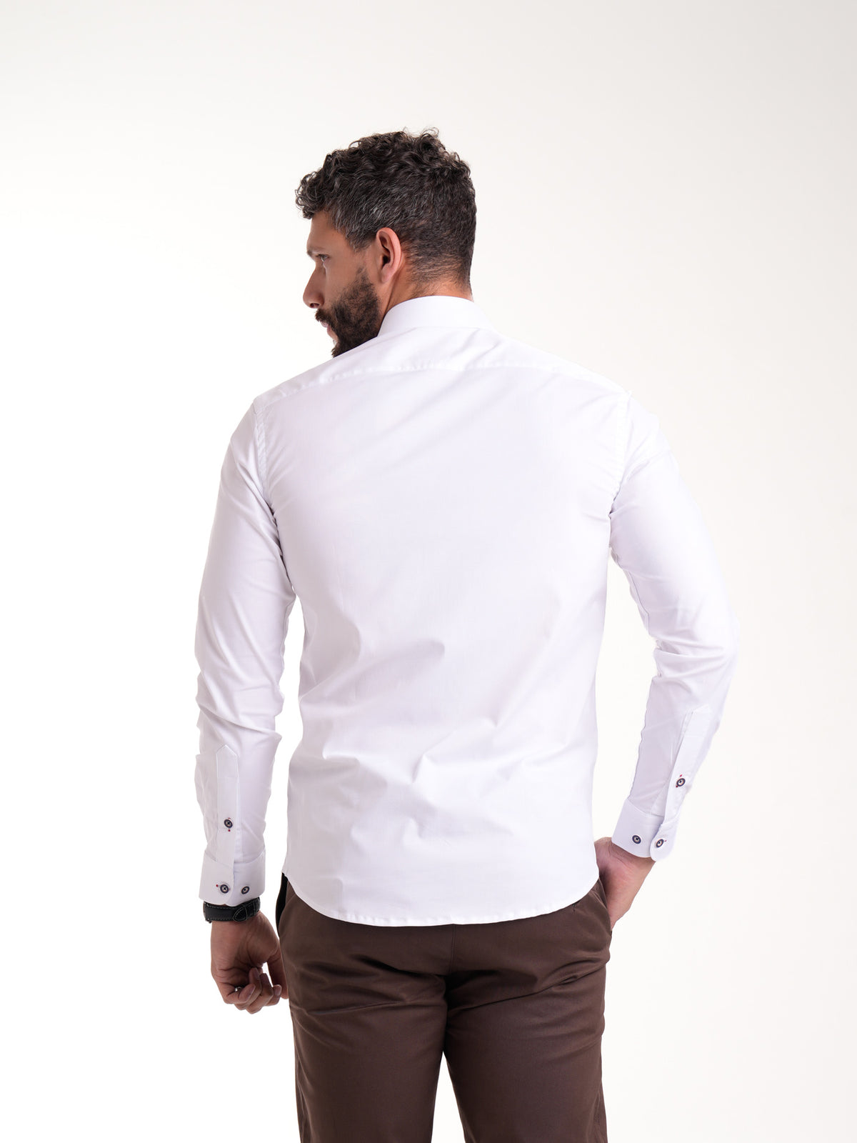 Camisa Masculina Manga Larga | Blanco con Cuello en Contraste Cuadros Azules