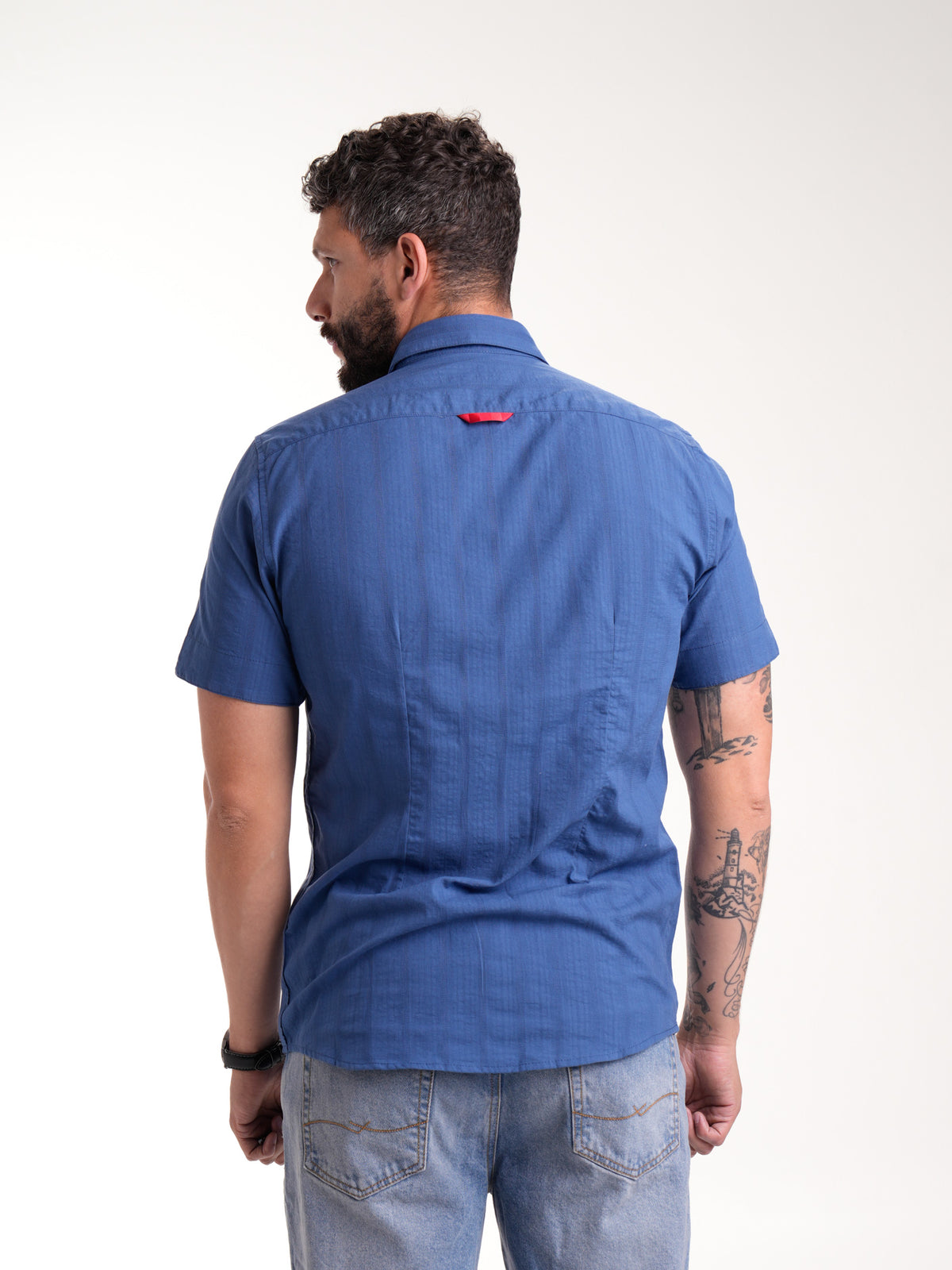Camisa Masculina Manga Corta | Azul Medio Botónes Azules Oscuros — foto 5