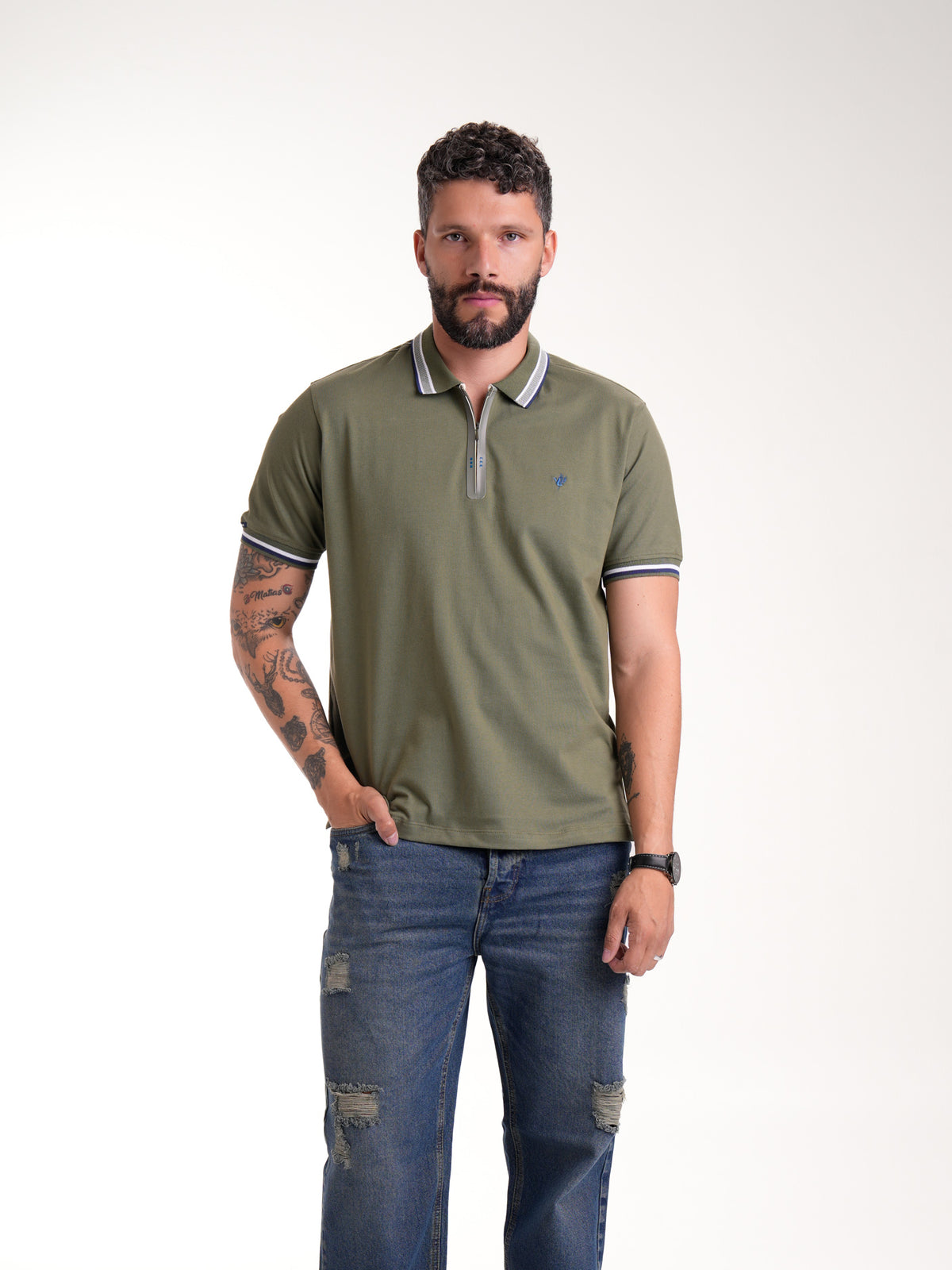 Polo Moda Masculino | Verde Militar con Cremallera — foto 1