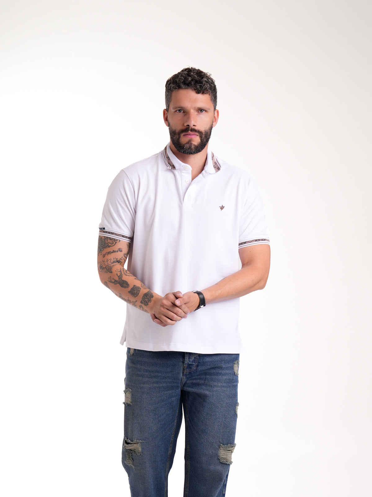 Polo Moda Masculino | Blanco con Cuello Café Claro