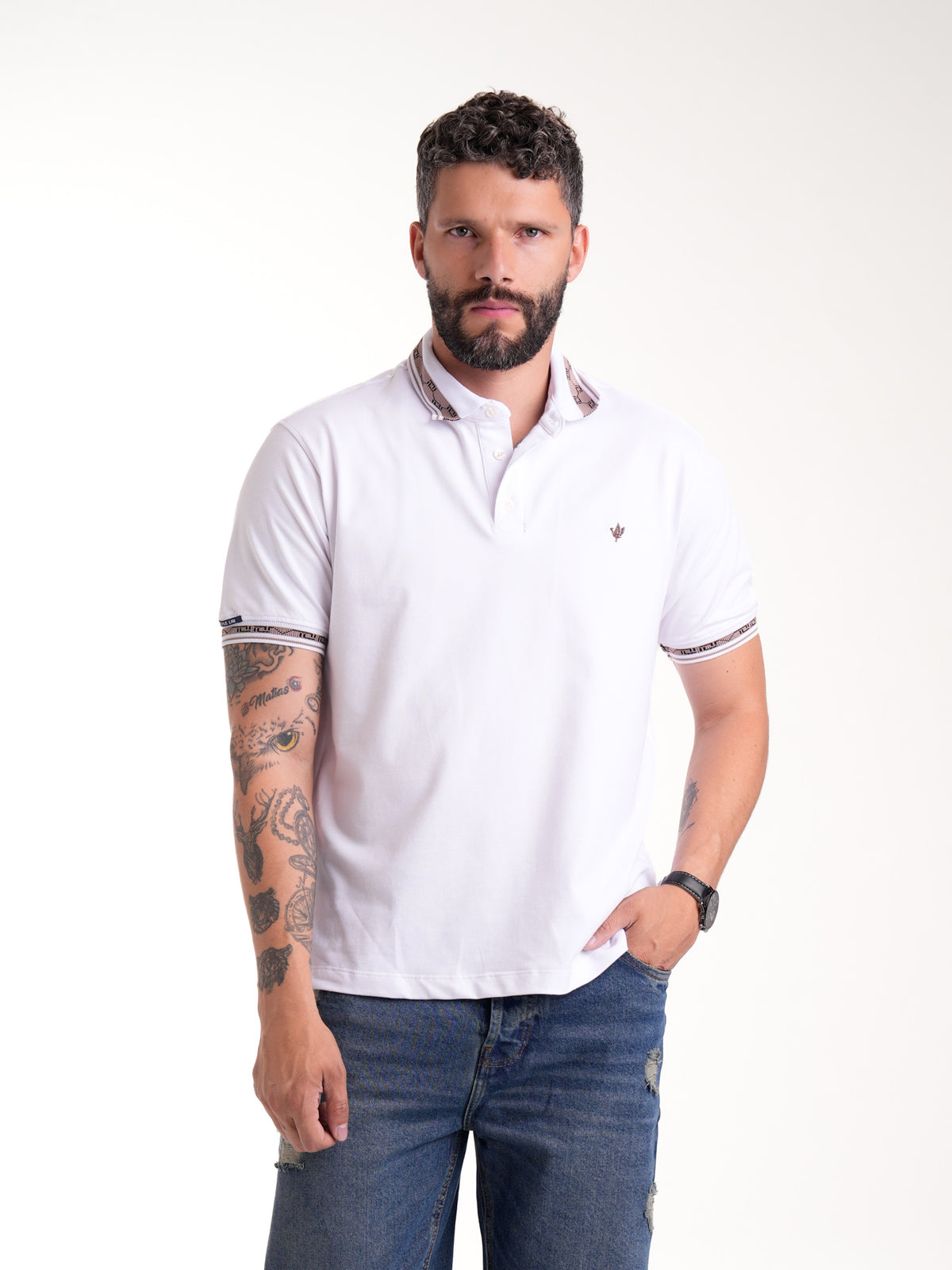 Polo Moda Masculino | Blanco con Cuello Café Claro