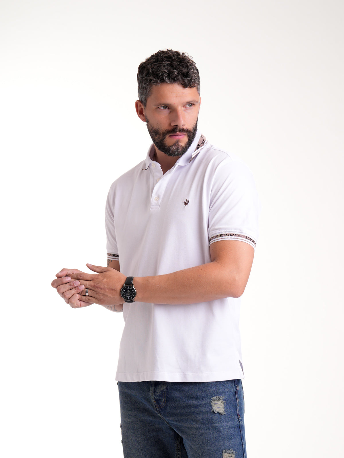 Polo Moda Masculino | Blanco con Cuello Café Claro