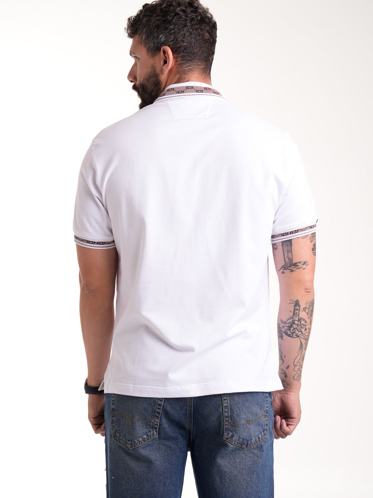 Polo Moda Masculino | Blanco con Cuello Café Claro