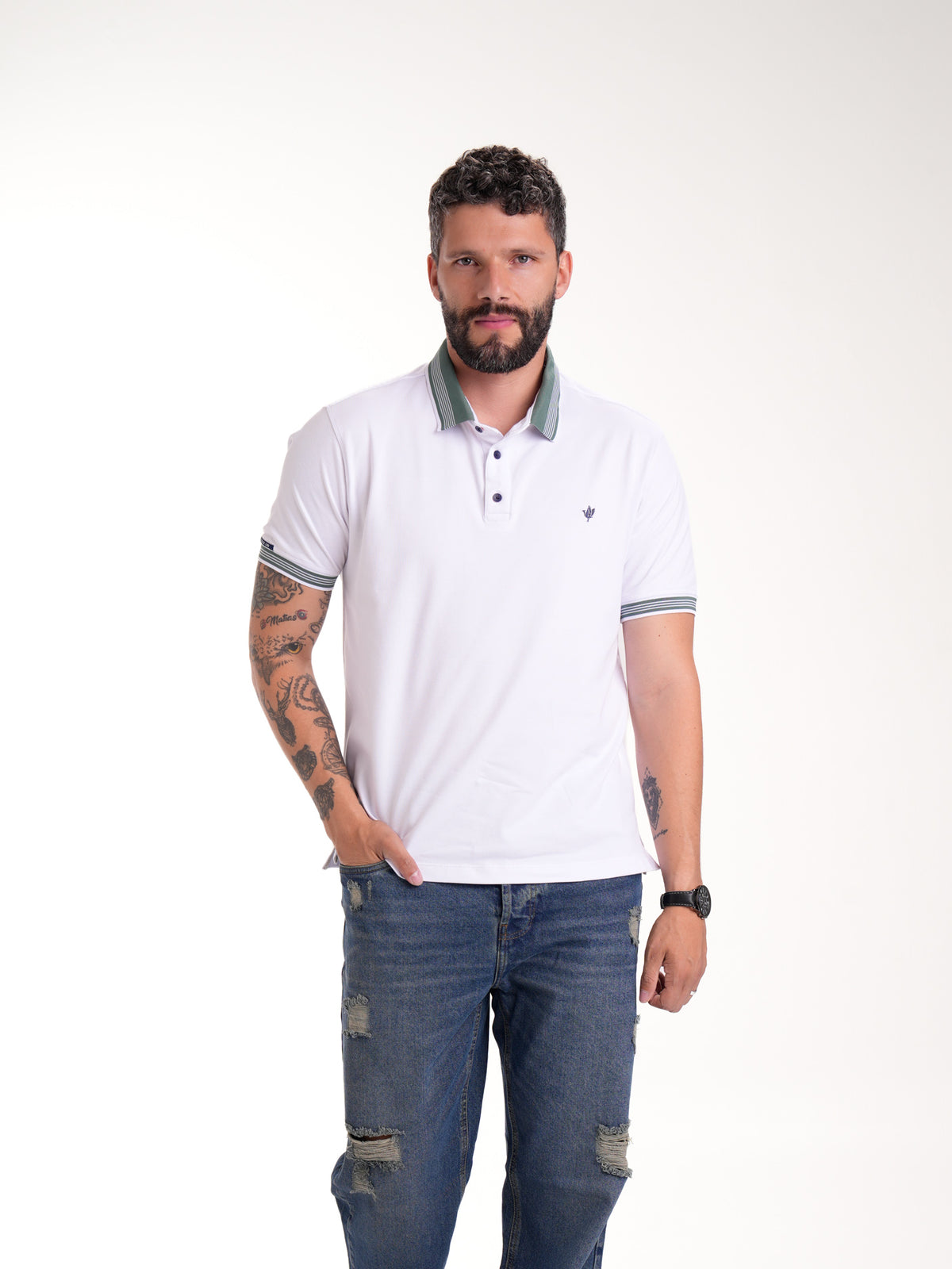 Polo Moda Masculino | Blanco con Cuello Verde