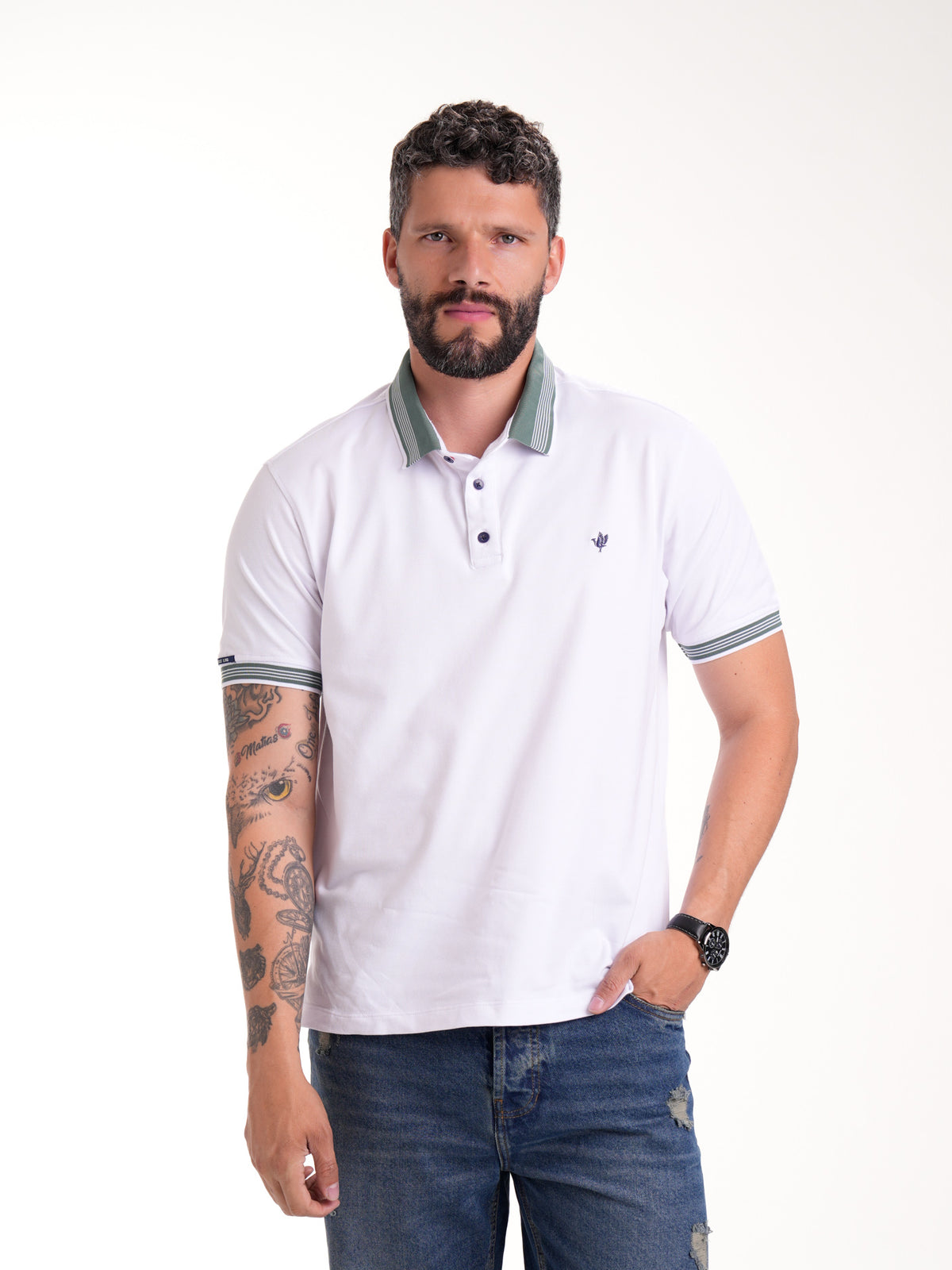 Polo Moda Masculino | Blanco con Cuello Verde