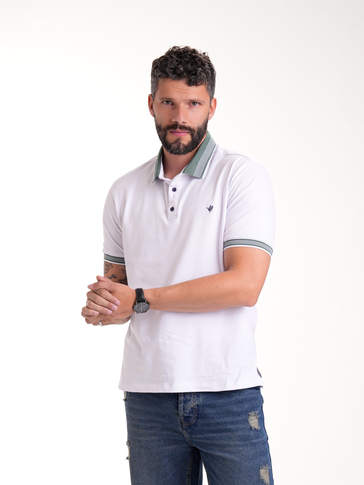 Polo Moda Masculino | Blanco con Cuello Verde