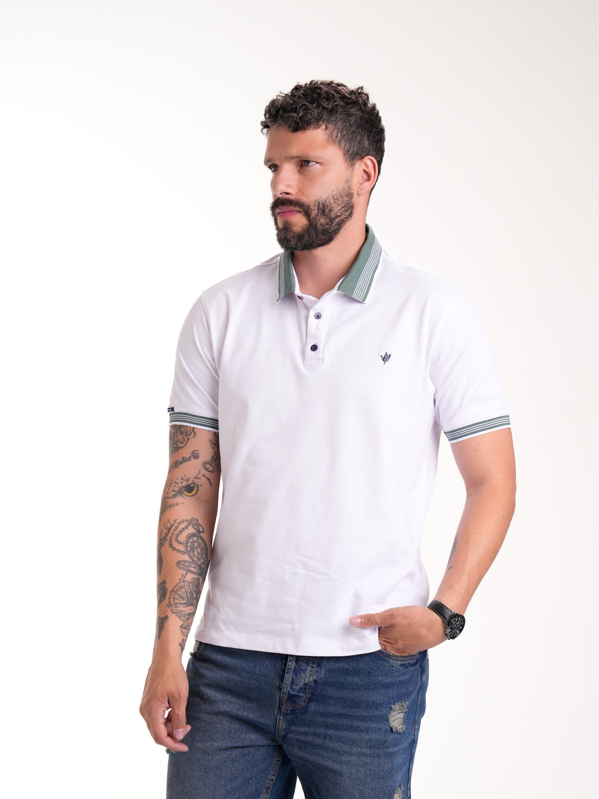 Polo Moda Masculino | Blanco con Cuello Verde