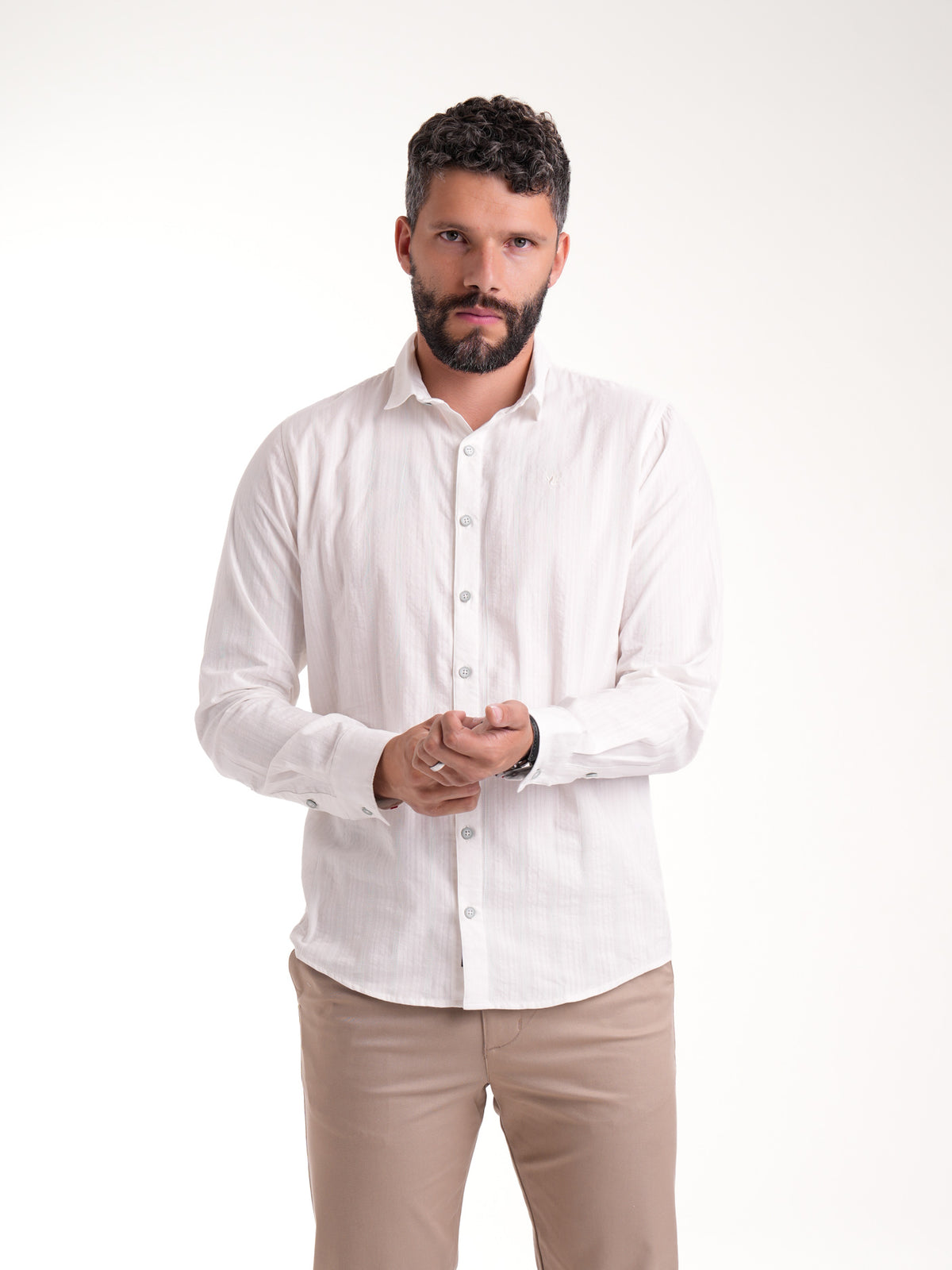 Camisa Masculina Manga Larga | Blanco Botón Verde Oliva — foto 4