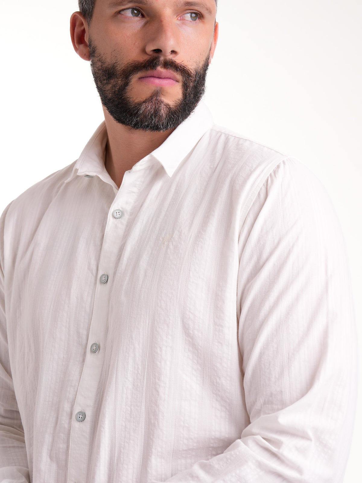 Camisa Masculina Manga Larga | Blanco Botón Verde Oliva — foto 5