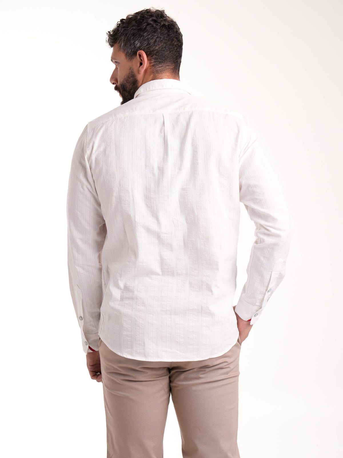 Camisa Masculina Manga Larga | Blanco Botón Verde Oliva — foto 6