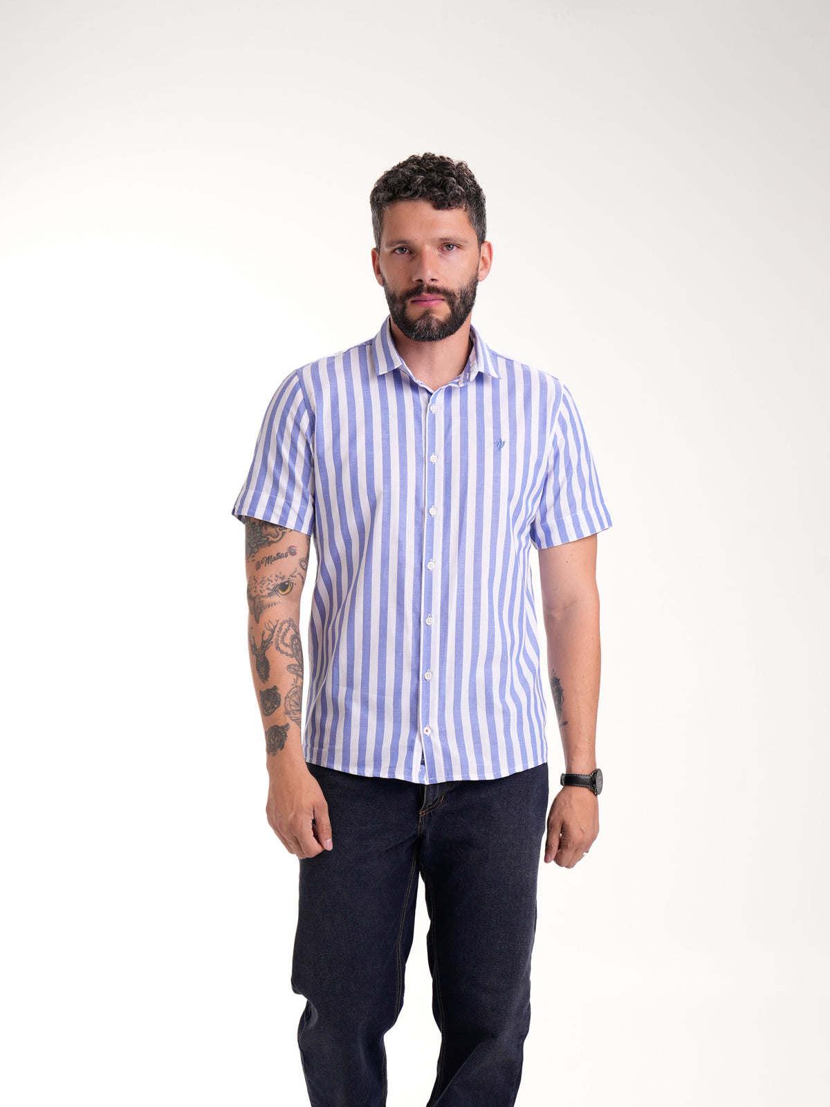 Camisa Masculina Manga Corta | Rayas Blancas y Azules