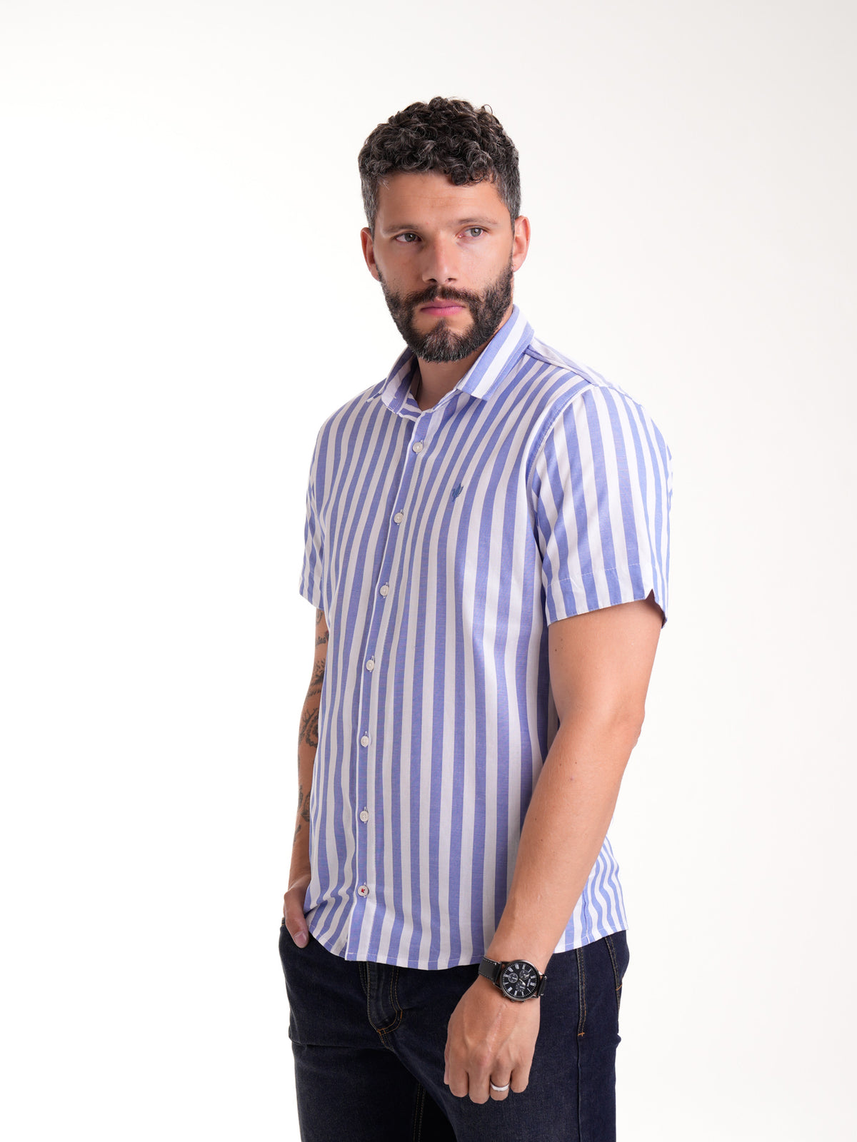 Camisa Masculina Manga Corta | Rayas Blancas y Azules