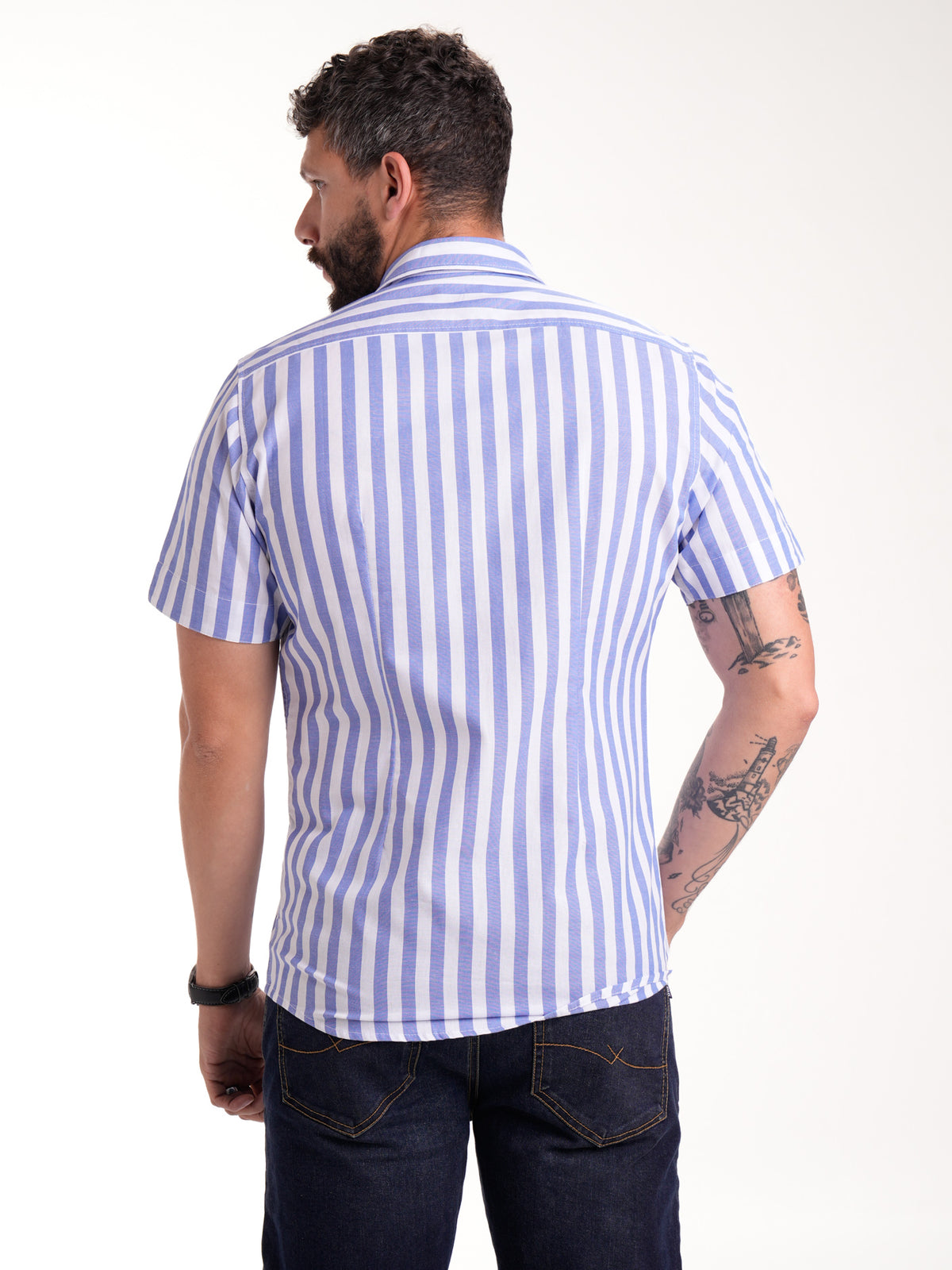 Camisa Masculina Manga Corta | Rayas Blancas y Azules