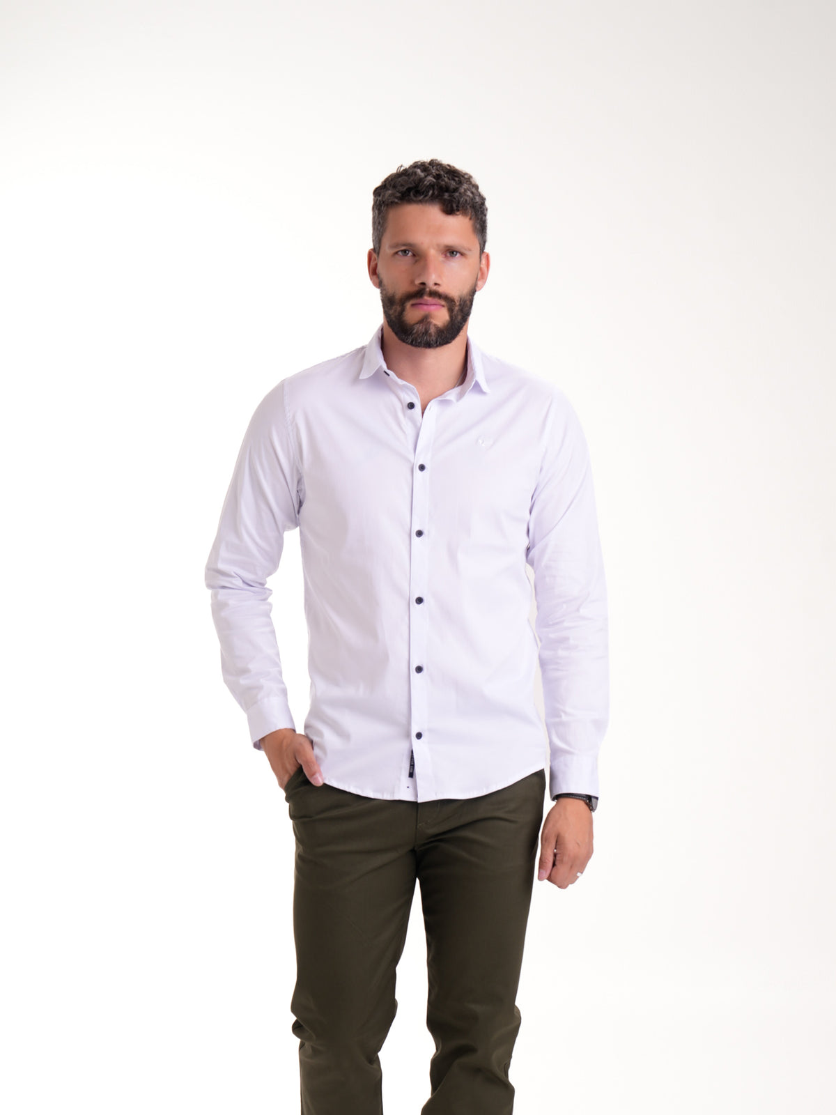 Camisa Masculina Manga Larga | Blanco con Botones Negros