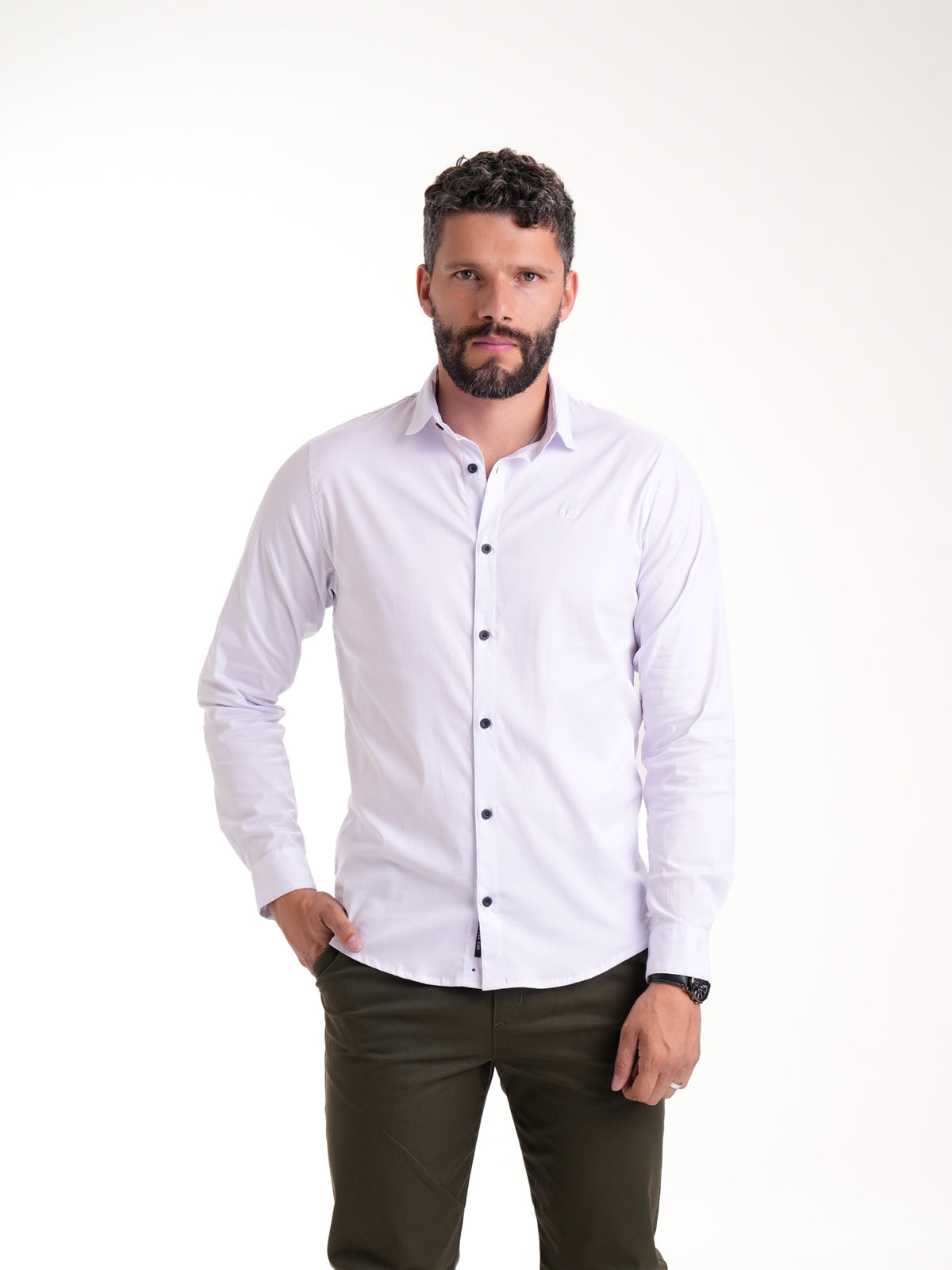 Camisa Masculina Manga Larga | Blanco con Botones Negros