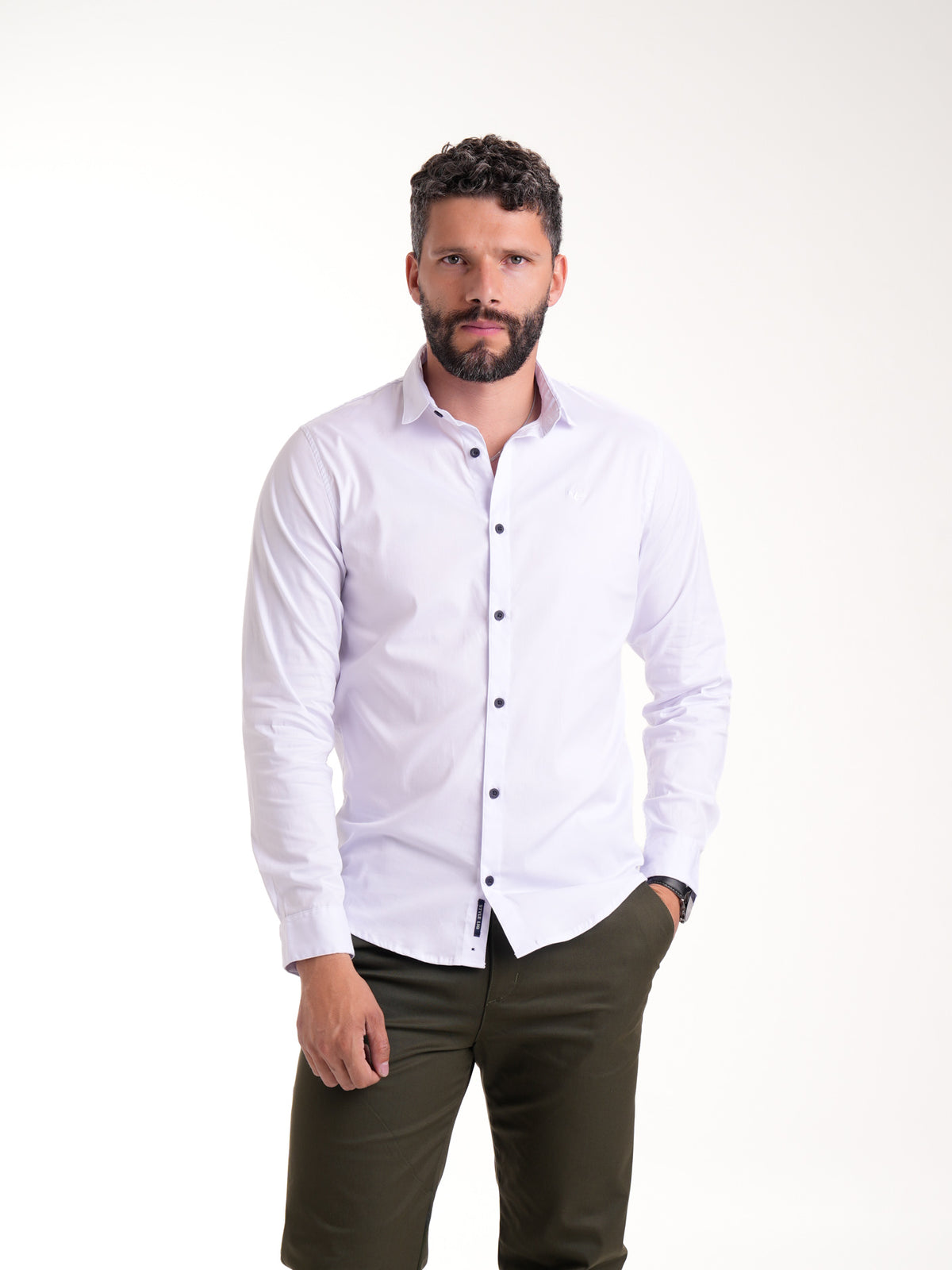 Camisa Masculina Manga Larga | Blanco con Botones Negros