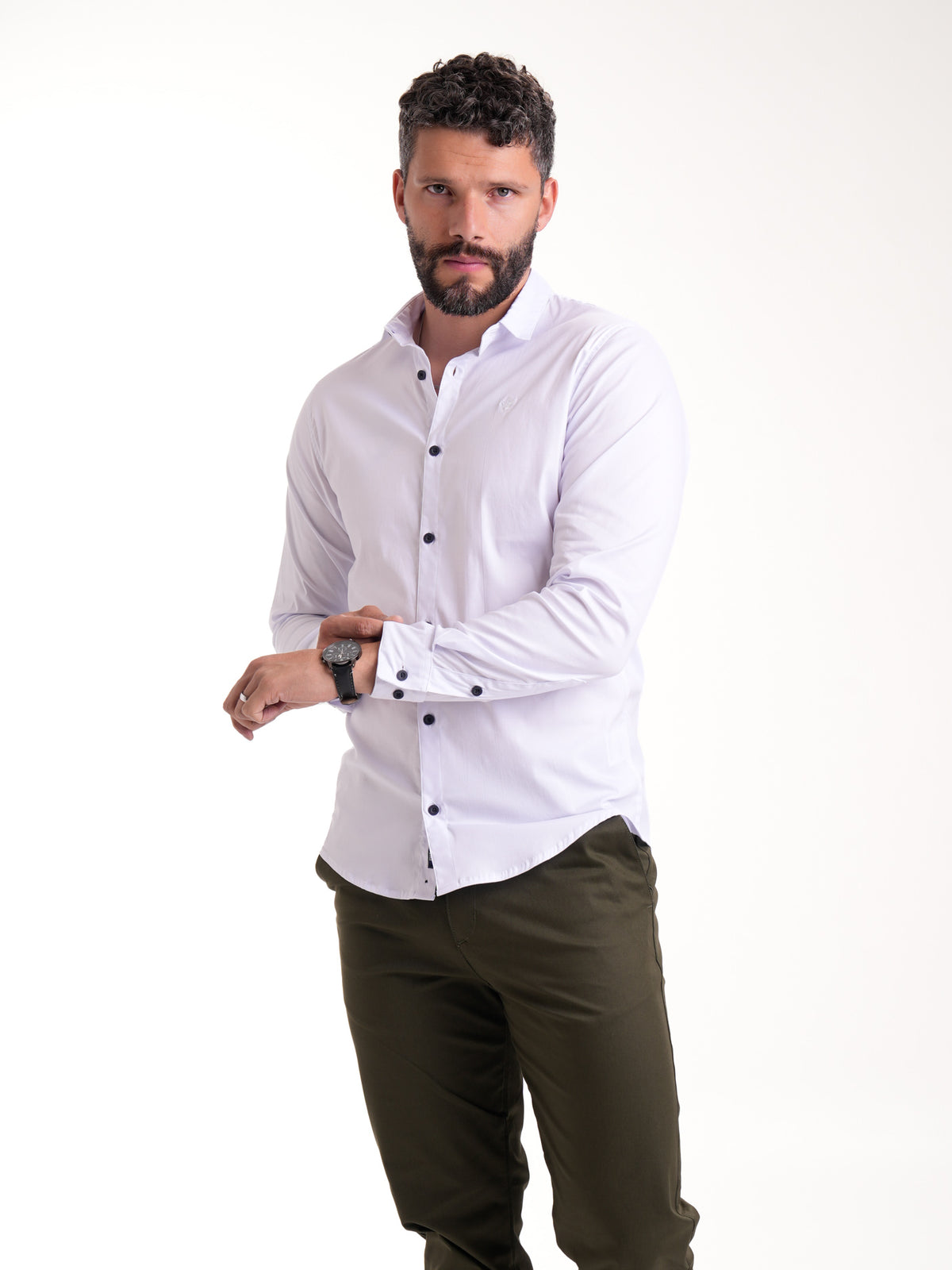 Camisa Masculina Manga Larga | Blanco con Botones Negros