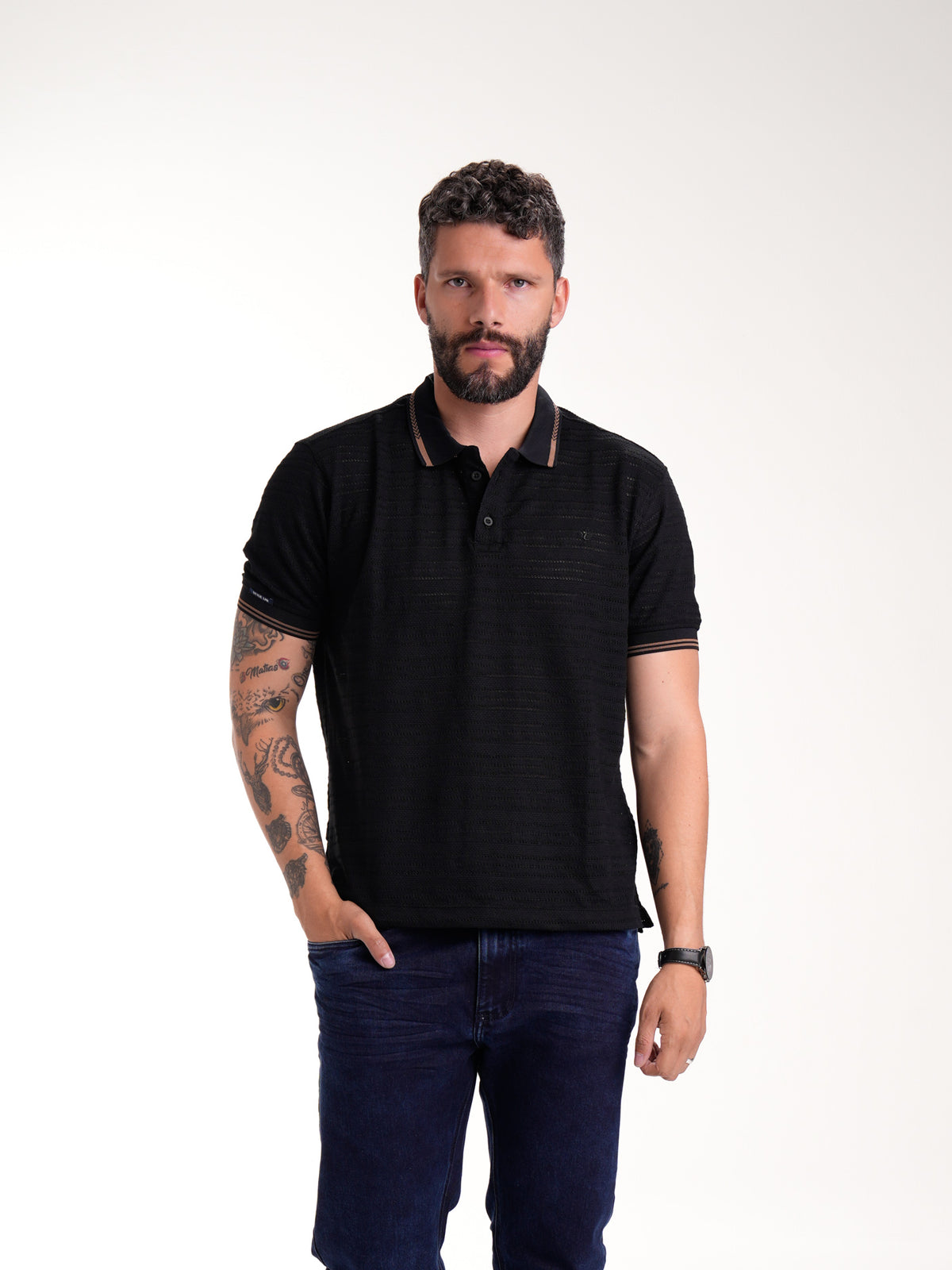Polo Moda Masculino | Negro Texturizado con Franja Café — foto 1