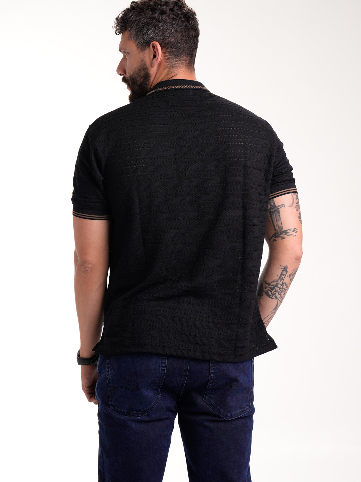 Polo Moda Masculino | Negro Texturizado con Franja Café — foto 5