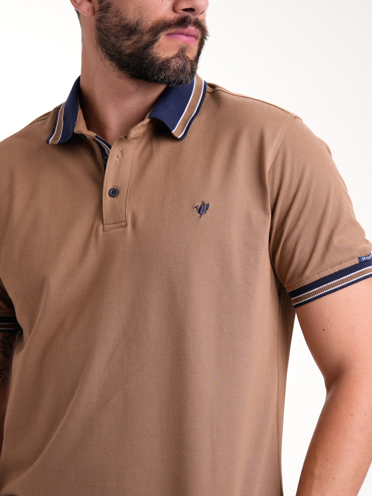Polo Moda Masculino | Café con Cuello Azul Oscuro y Café