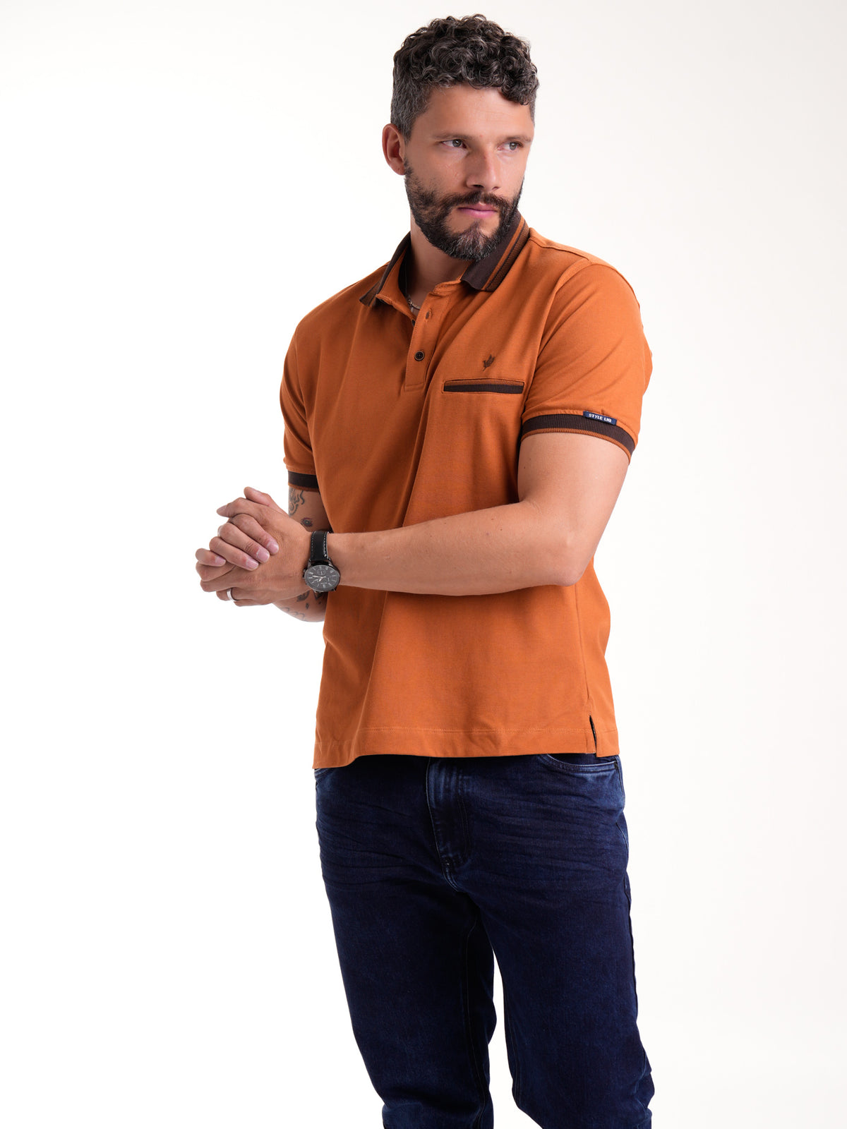 Polo Moda Masculino | Terracota con Cuello Café y Ribete — foto 3