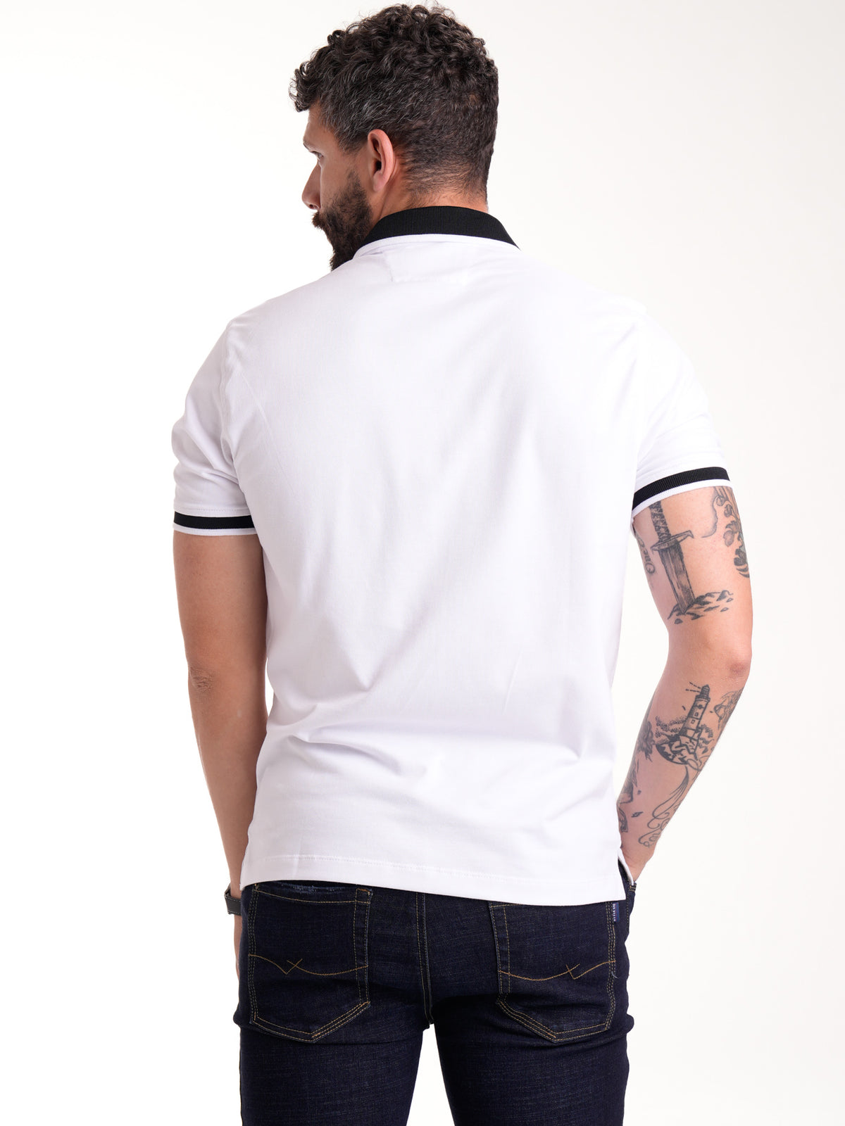 Polo Moda Masculino | Blanco con Cuello Negro y Línea Blanca, vista 6
