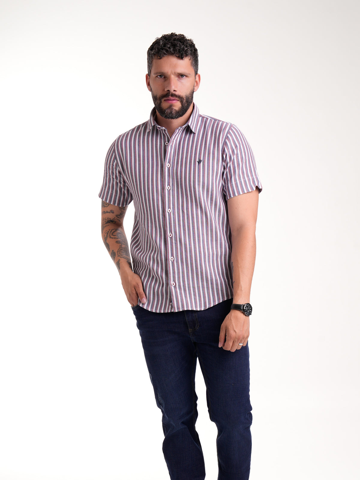 Camisa Masculina Manga Corta | Rayas Azul Rojo y Blanco
