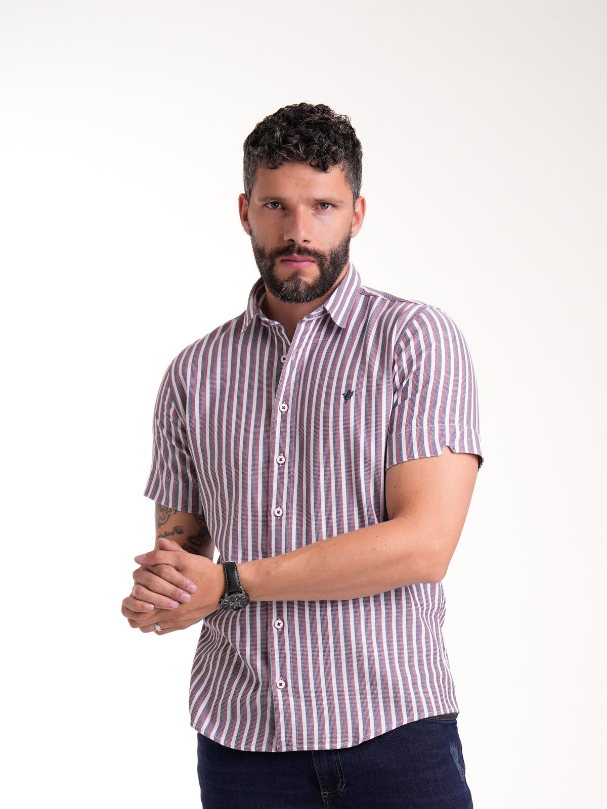 Camisa Masculina Manga Corta | Rayas Azul Rojo y Blanco