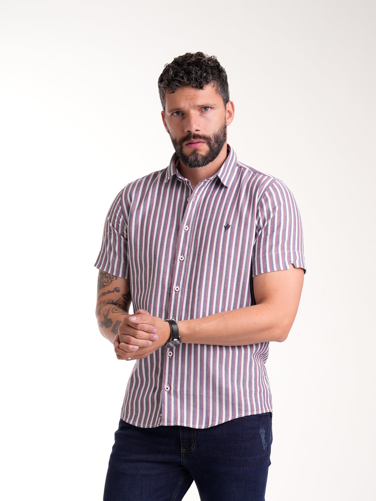 Camisa Masculina Manga Corta | Rayas Azul Rojo y Blanco