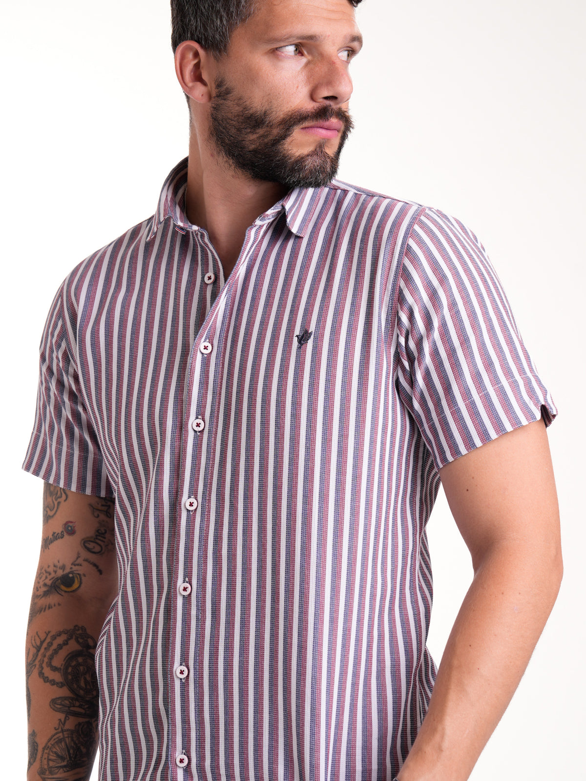 Camisa Masculina Manga Corta | Rayas Azul Rojo y Blanco