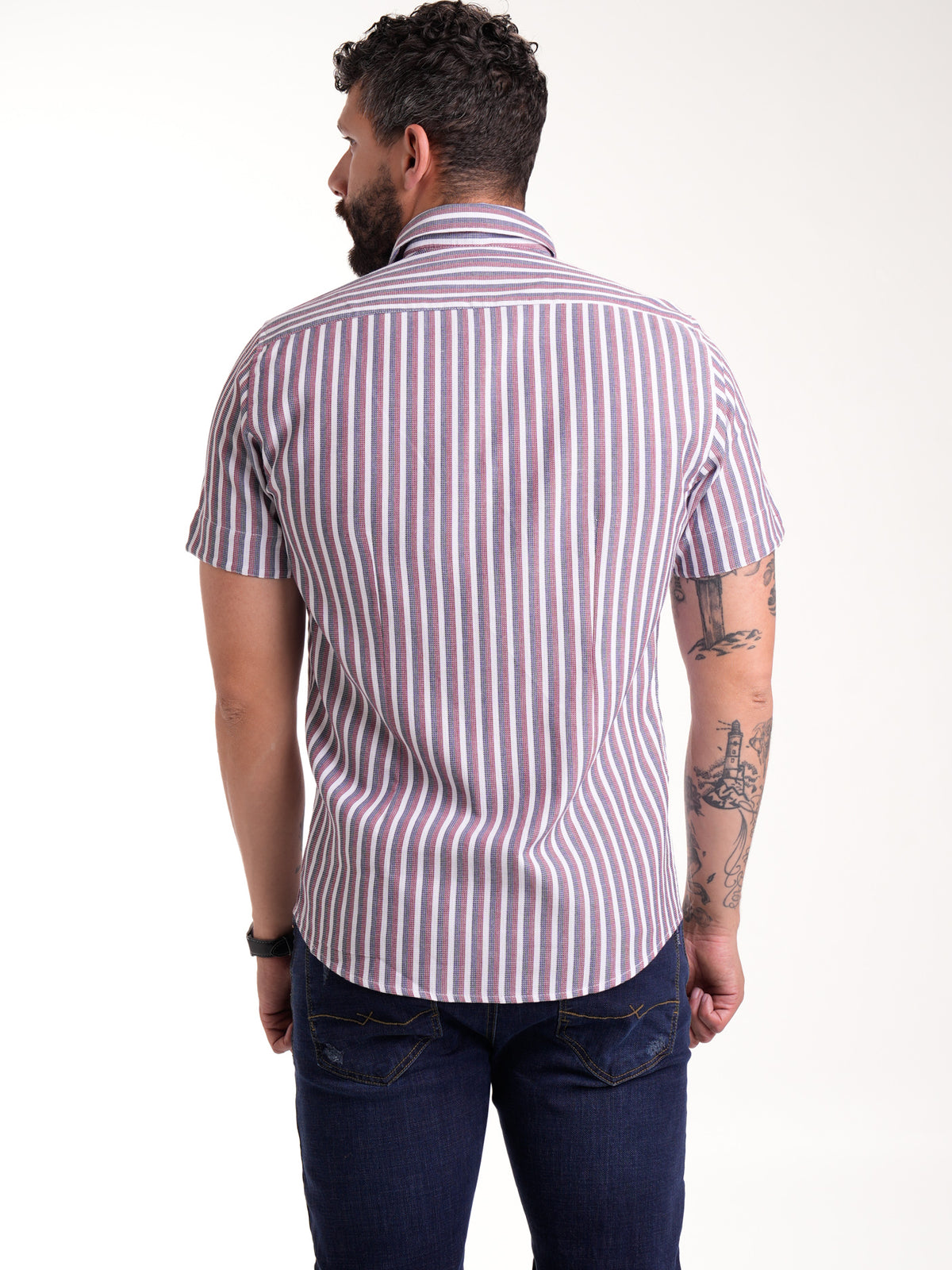 Camisa Masculina Manga Corta | Rayas Azul Rojo y Blanco