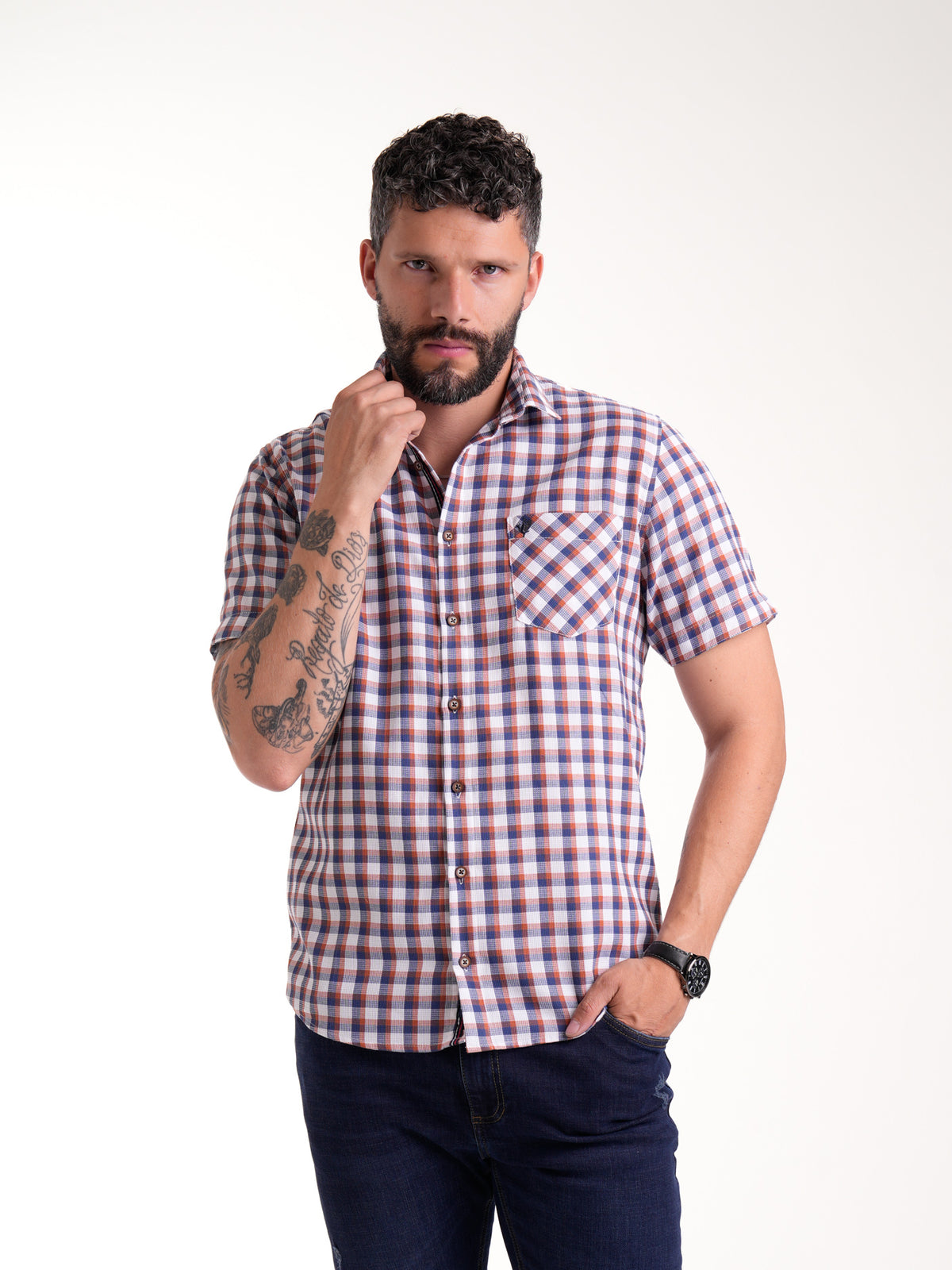 Camisa Masculina Manga Corta | Cuadros Naranjas Azules — foto 2