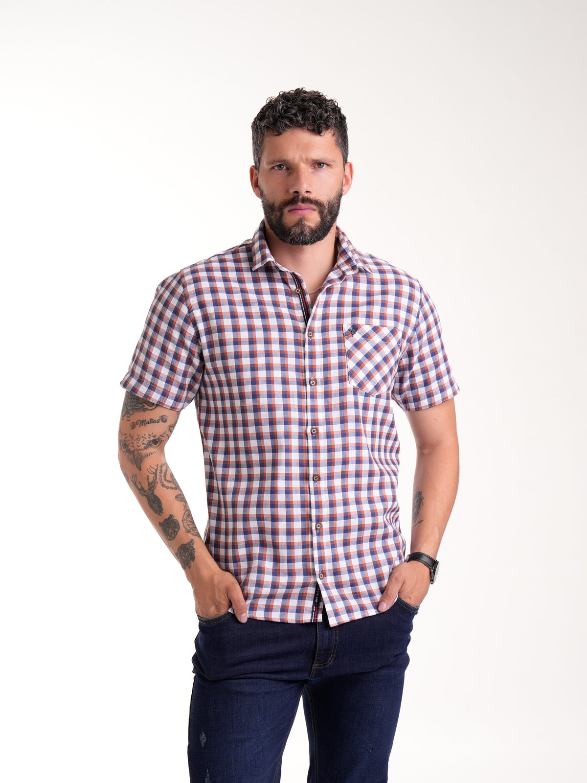 Camisa Masculina Manga Corta | Cuadros Naranjas Azules — foto 3