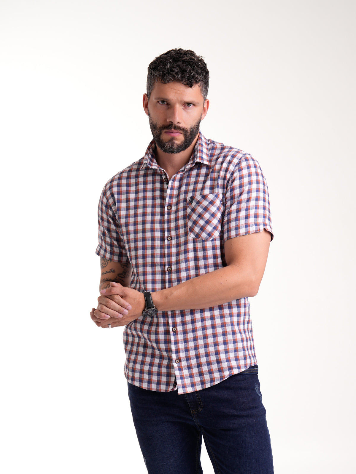 Camisa Masculina Manga Corta | Cuadros Naranjas Azules — foto 4