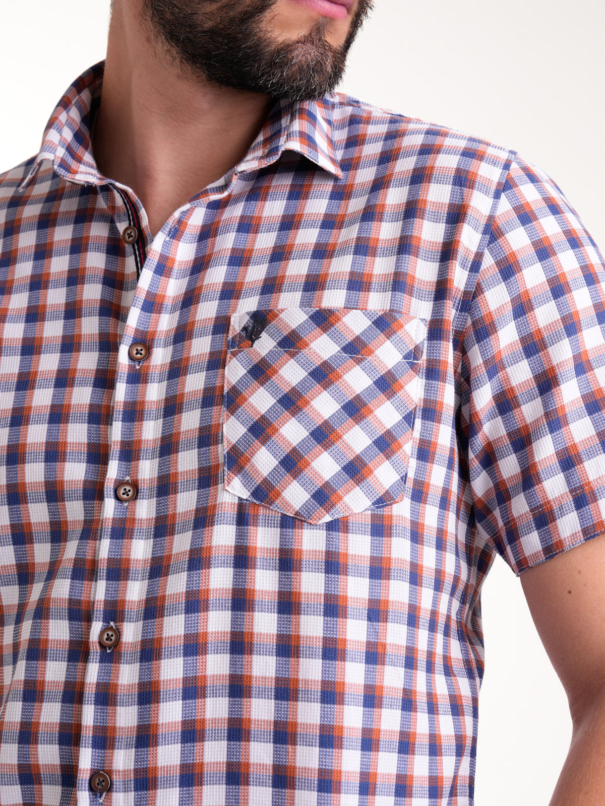 Camisa Masculina Manga Corta | Cuadros Naranjas Azules — foto 5