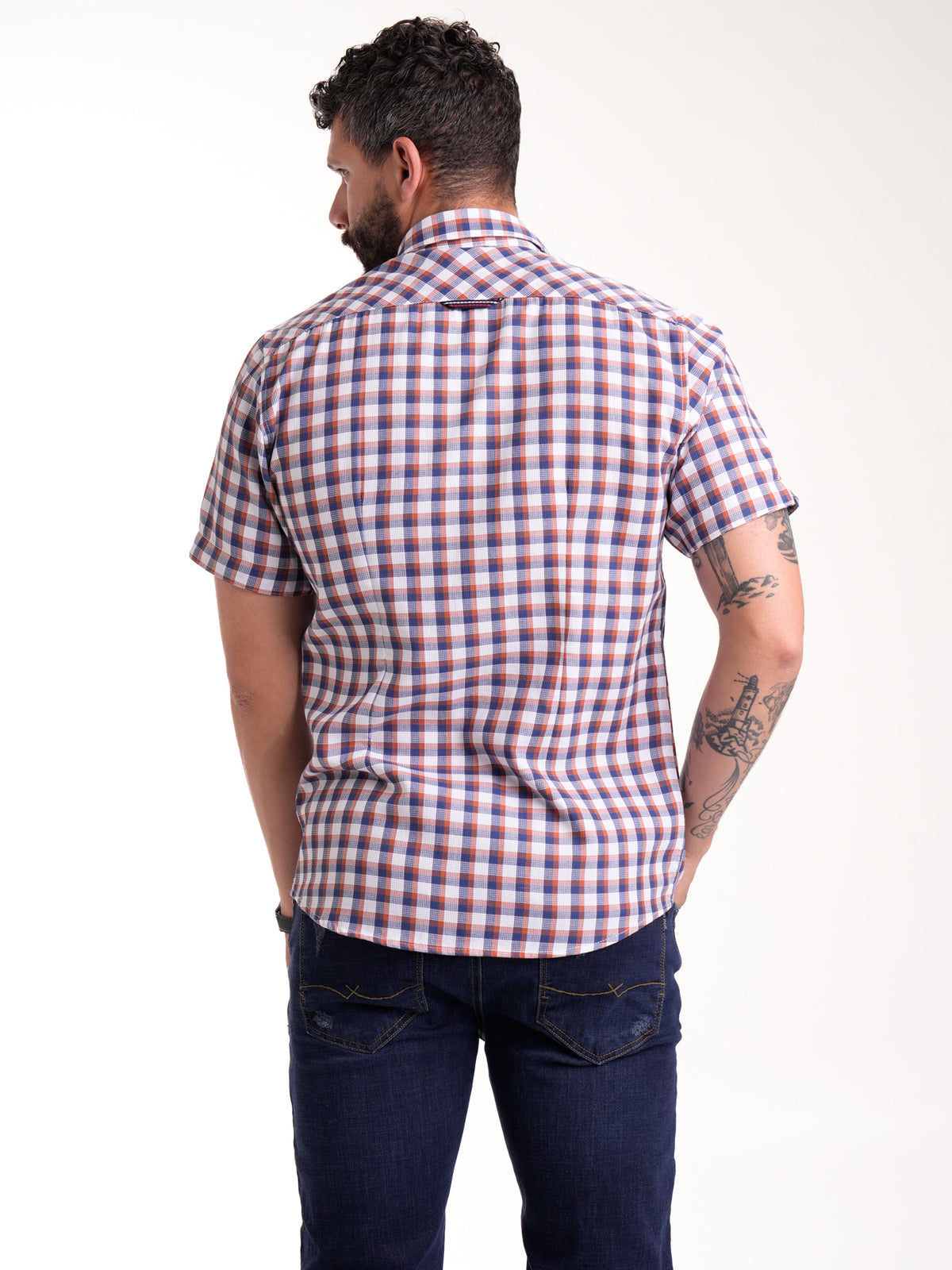 Camisa Masculina Manga Corta | Cuadros Naranjas Azules — foto 6