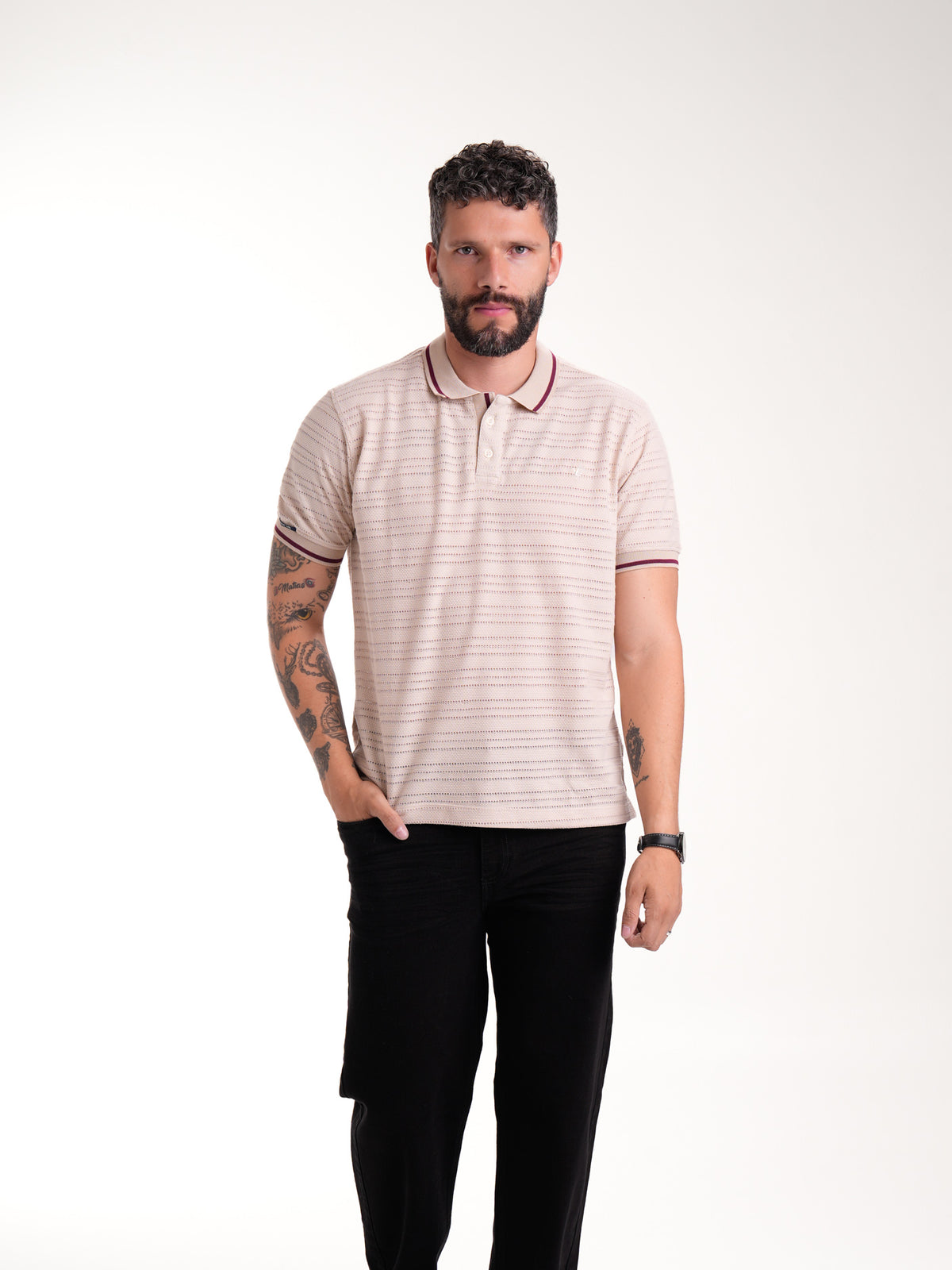 Polo Moda Masculino | Beige Texturizado con Franja Vinotinto