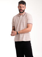 Polo Moda Masculino | Beige Texturizado con Franja Vinotinto