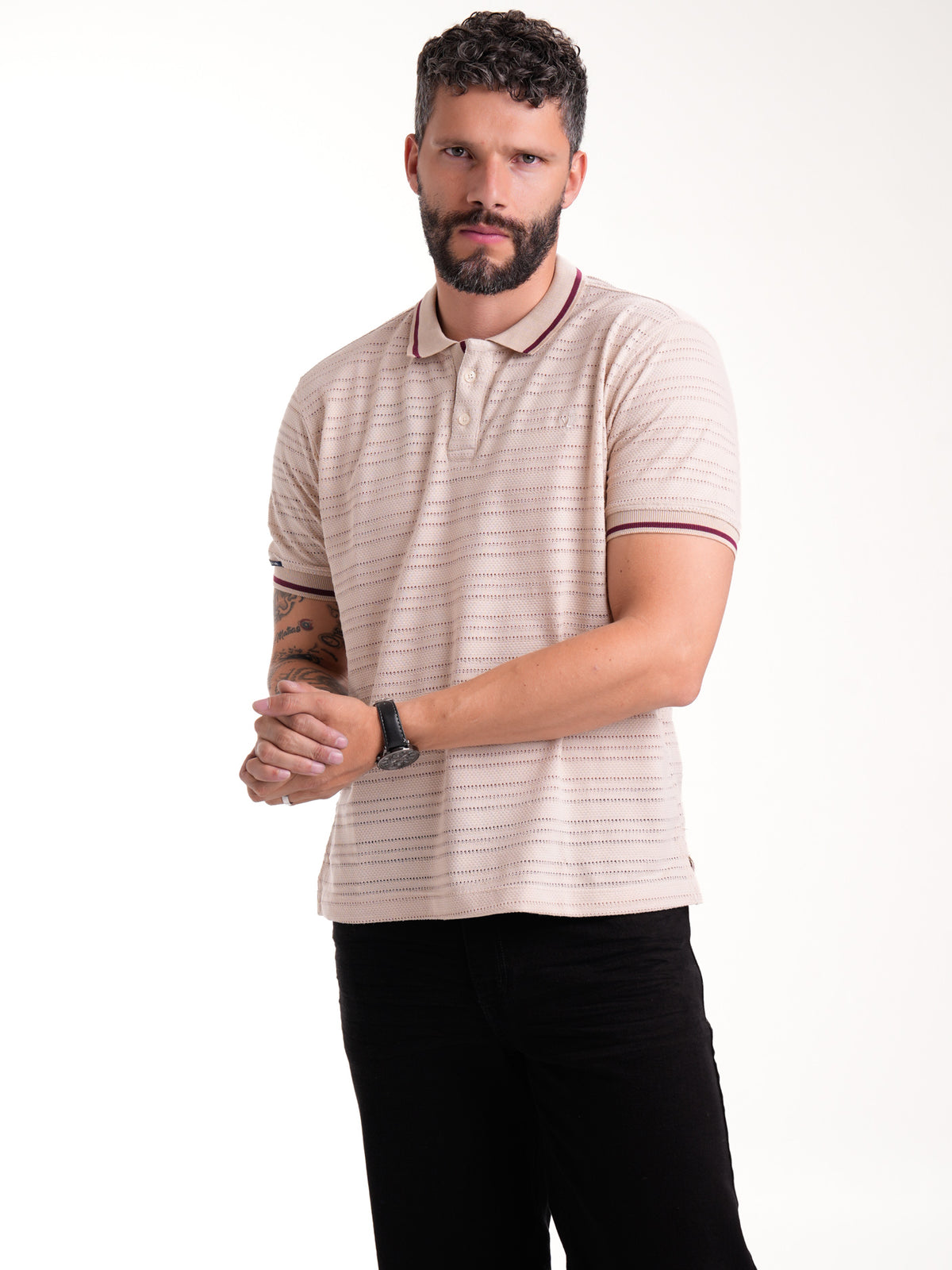 Polo Moda Masculino | Beige Texturizado con Franja Vinotinto