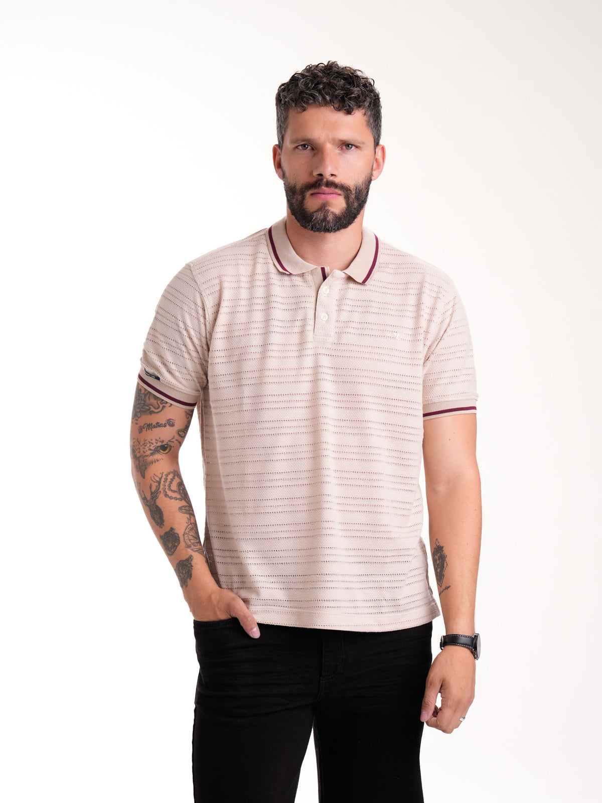 Polo Moda Masculino | Beige Texturizado con Franja Vinotinto