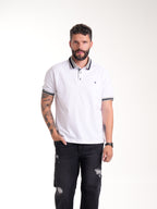 Polo Moda Masculino | Blanco con Cuello Gris y Franja Azul Oscura — foto 1