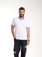 Polo Moda Masculino | Blanco con Cuello Verde Oliva y Beige