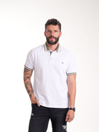 Polo Moda Masculino | Blanco con Cuello Verde Oliva y Beige