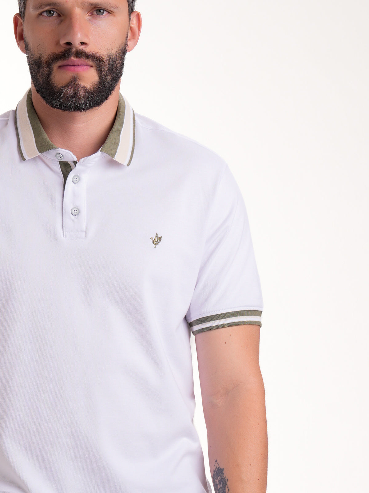 Polo Moda Masculino | Blanco con Cuello Verde Oliva y Beige